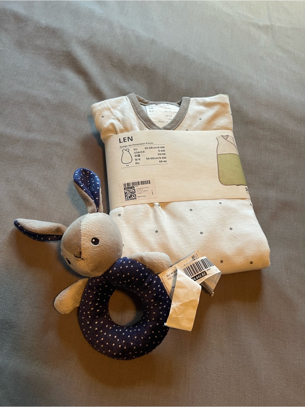 IKEA Kids Pajama Sleep Sack with Grey Polka and Navy Bunny Toy